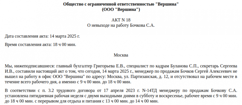 Акт о невыходе на работу