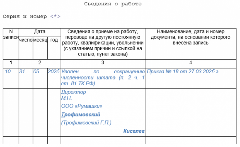 Образец заполнения трудовой книжки при увольнении