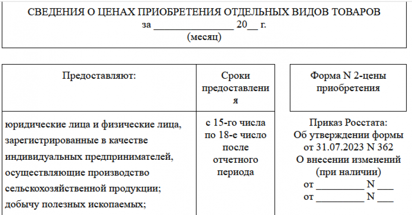 Сведения о ценах приобретения отдельных видов товаров (форма № 2-цены приобретения)